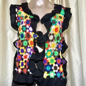 Vintage Flower Colorful Crochet Sweater Vest with Scalloped Edges
